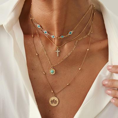 Ethnic Style Imitation Turquoise Flower Plate Pendant Necklace, Hip-Hop Diamond-Encrusted Cross Collarbone Chain Necklace