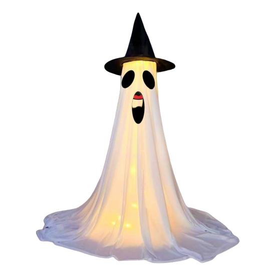 Halloween Ghost Decoration with LED Light Large White Scary Light Up Ghost with Witch Hat for Outdoor Front Porch Yard Garden Lawn Home Decor