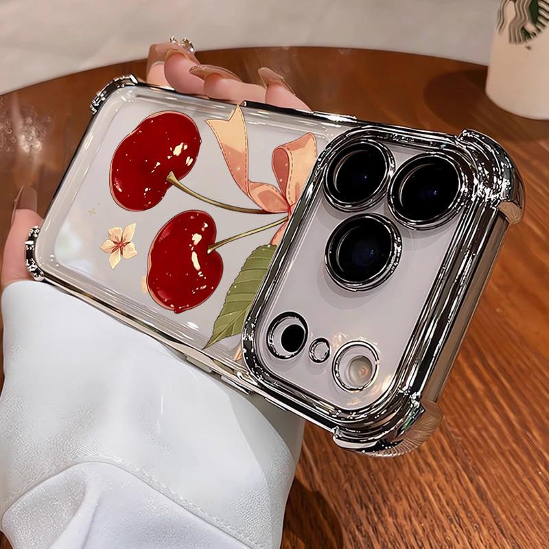 Cherry Floral Bow Pattern Electroplated Shockproof Phone Case For Samsung Galaxy S23 S24 S25 S26 Ultra S22 S21 Plus FE Cover