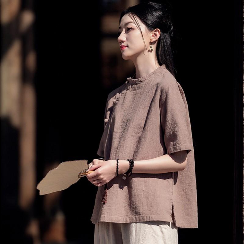 Johnature Koszule damskie w stylu vintage Bluzki Stójka Krótki rękaw Letnie bluzki Jednolity kolor Koszule zapinane na guziki