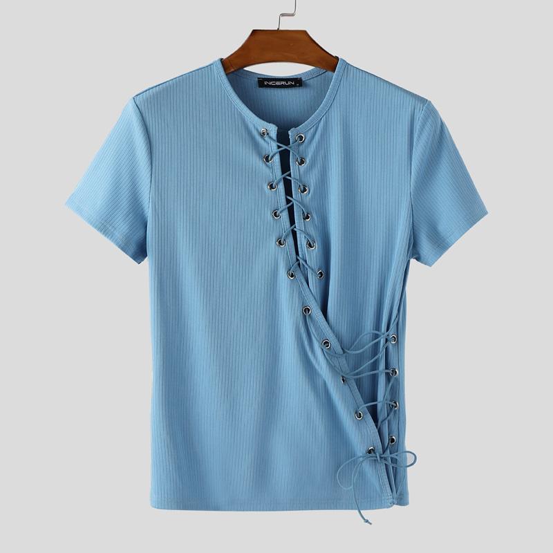 

INCERUN Men Short Sleeve Side Lace-up Casual Fitted Rib T-shirts Tops