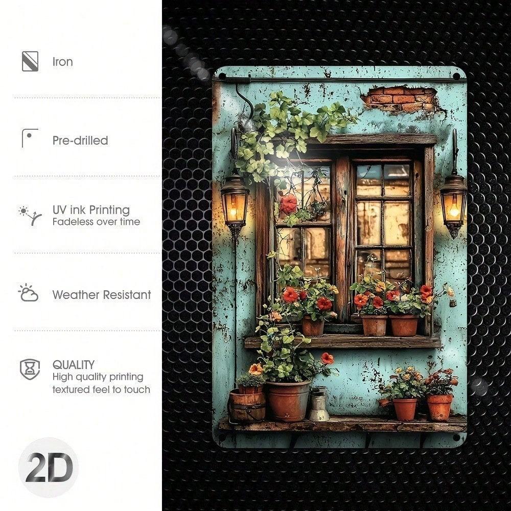 Ventana Rústica Vintage Flor Metal Arte de Pared Impermeable Decoración de Granja Señal