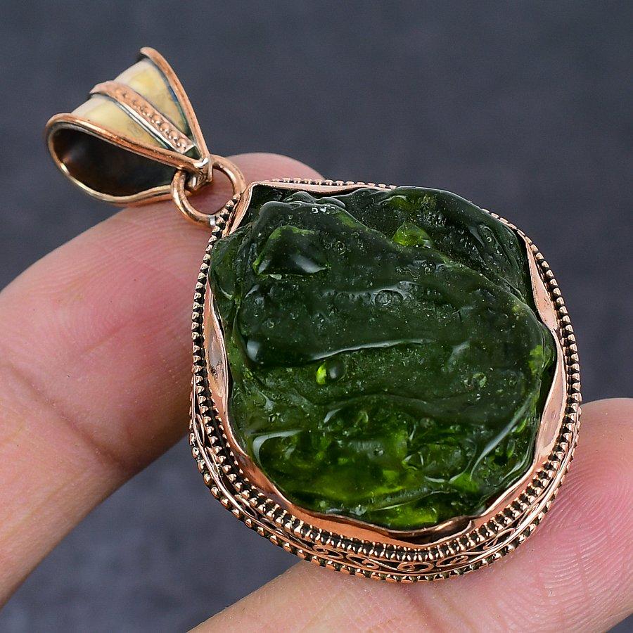 Moldavite Quartz Handmade Copper Jewelry Pendant 2.09" J4S32