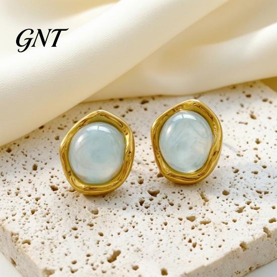 Soft Color Resin Studs 1 Pair Gemstone Stud Earrings for Women, Gold Plated Round Natural Slimming Face Shape Healing Stone Earrings, Stainless Steel