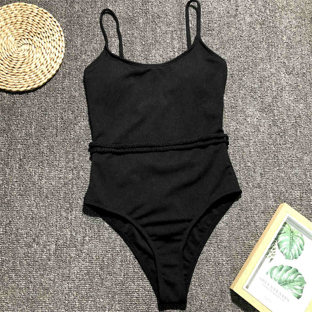 

Мода ребристые женские купальники сексуальный новый цельный купальник женский купальник с талией веревка купальный костюм женский купальник монокини S чёрный