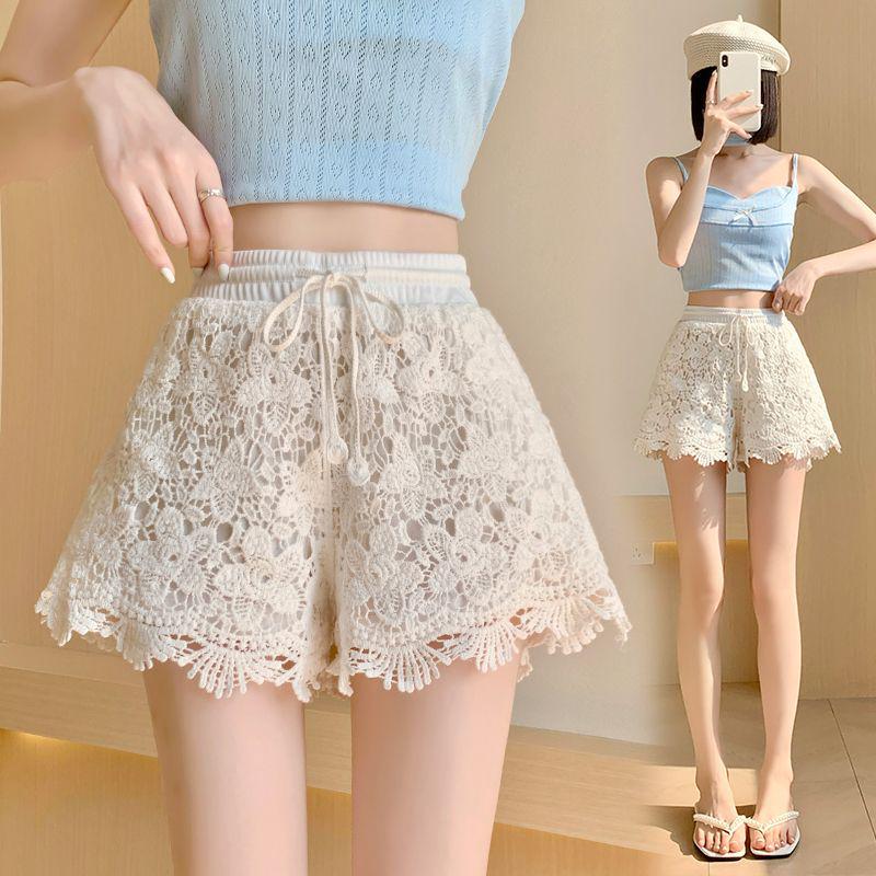 Women's Summer High-Waist Lace Sports Shorts - Casual, Loose, A-line, Wide-Leg, Three-Quarter Pants