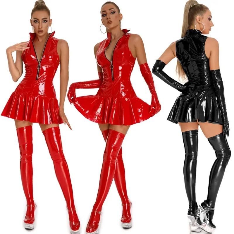 Women Sexy Glossy Leather Slip Dress Lady Erotic Shaping Pleated Short Dress PVC Zipper Porn Breast Exposing Latex Mini Dresses