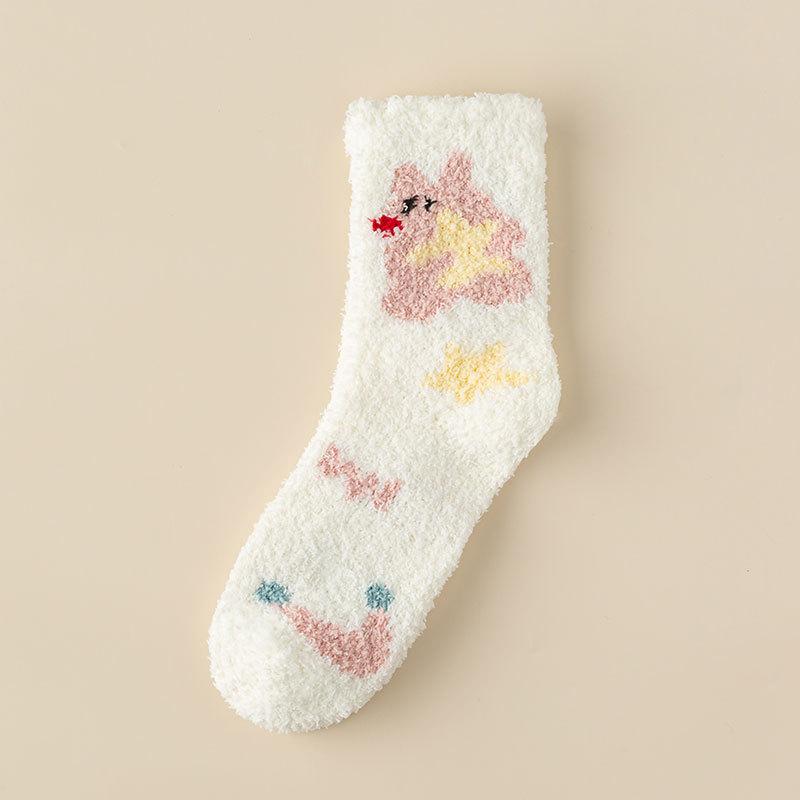 

Милые носки до середины икры из кораллового флиса с мультяшным рисунком для женщин, утолщенные и теплые флисовые носки для сна для женщин на осень и зиму 1 pair белый