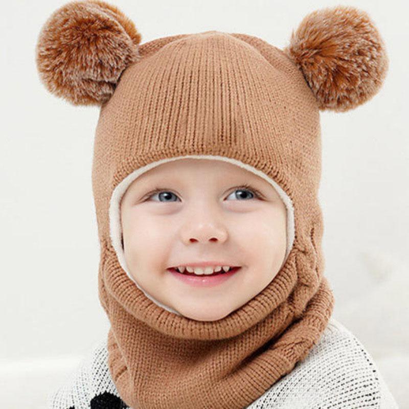 Winter Kids Balaclava Hat Double Pompom Knit Beanie Cap for Baby Boy Girl Warm Thick Fleece Lining Children One-piece Hat Scarf