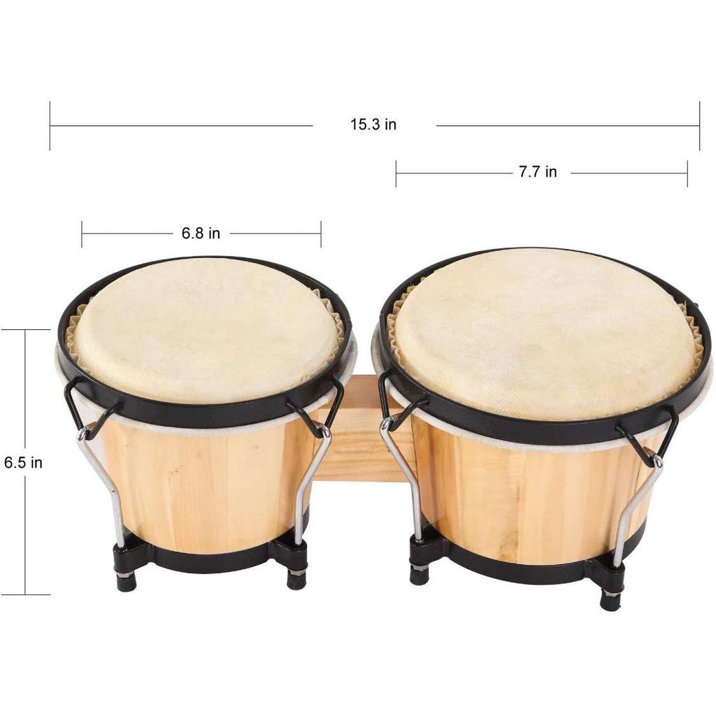 Set Bongo in Legno Massello con Pelle di Pecora e Chiave, 6 pollici e 7 pollici, 7 pollici e 8 pollici