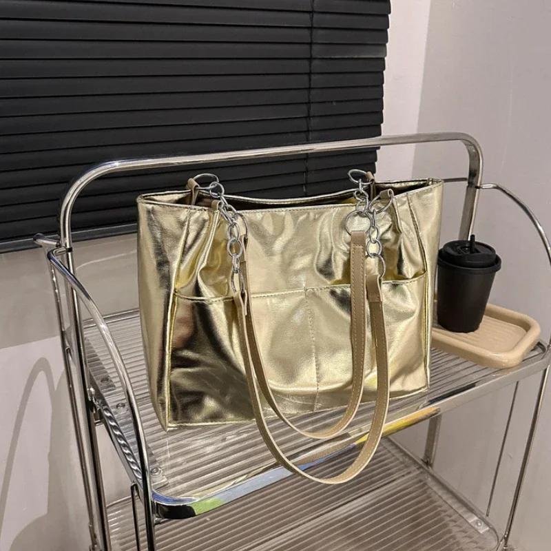 Casual Handbags for Women New Large-capacity Shoulder Bags Texture Bright Pu Leather Tote Bags for Women Chain Elegant Bags