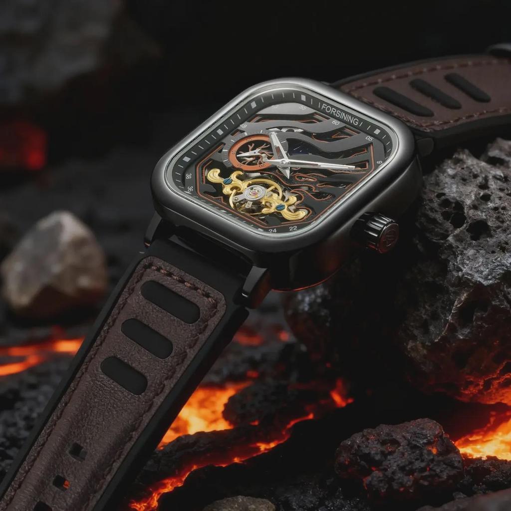 Forsining Fashion Mechanical Watch for Men Square Tourbillon Skeleton Automatic Watches Leather Rubber Strap Sports Wristwatches