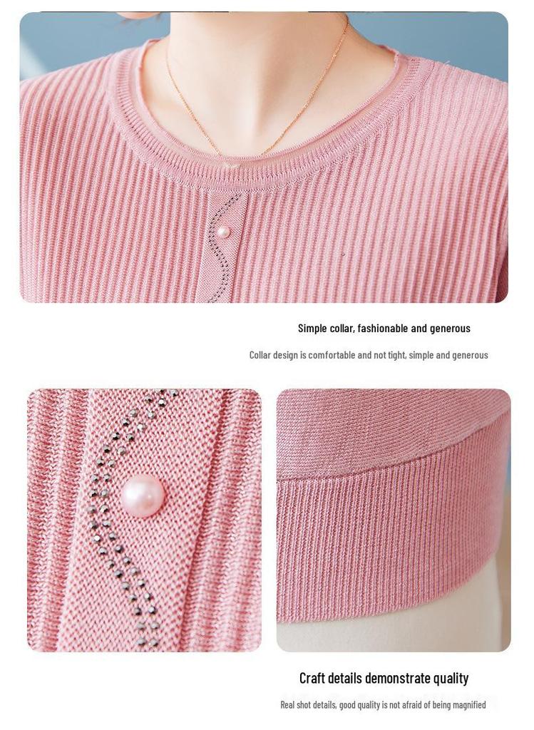 Stylish Thin Base Layer Knit T-Shirt for Middle-Aged Women, Small Size, Mid-Sleeve, Perfect for Spring and Autumn
