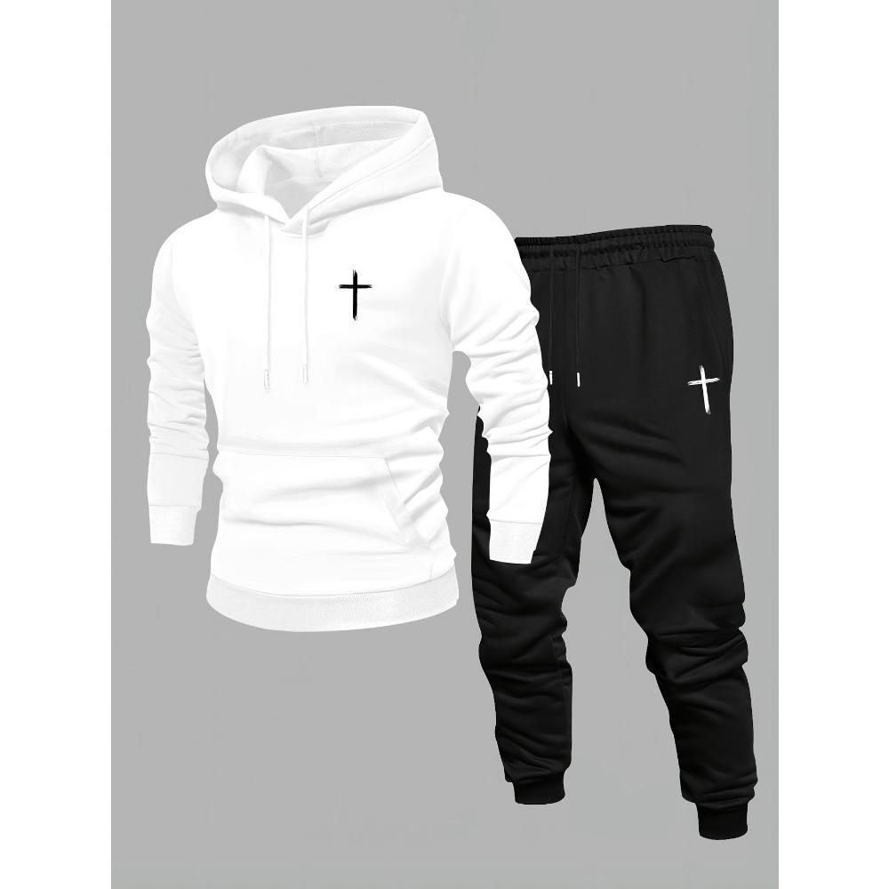 Men's Printed 2pcs Set, Casual Hooded Long Sleeve Sweatshirt and Jogger Pants Outfit, Suitable for Winter and Autumn, Sportswear Set