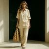 Women Two Piece Set Loose Fit Short Sleeve Shirt with Button Detail and Wide Leg Pants Casual Outfit for Everyday Wear