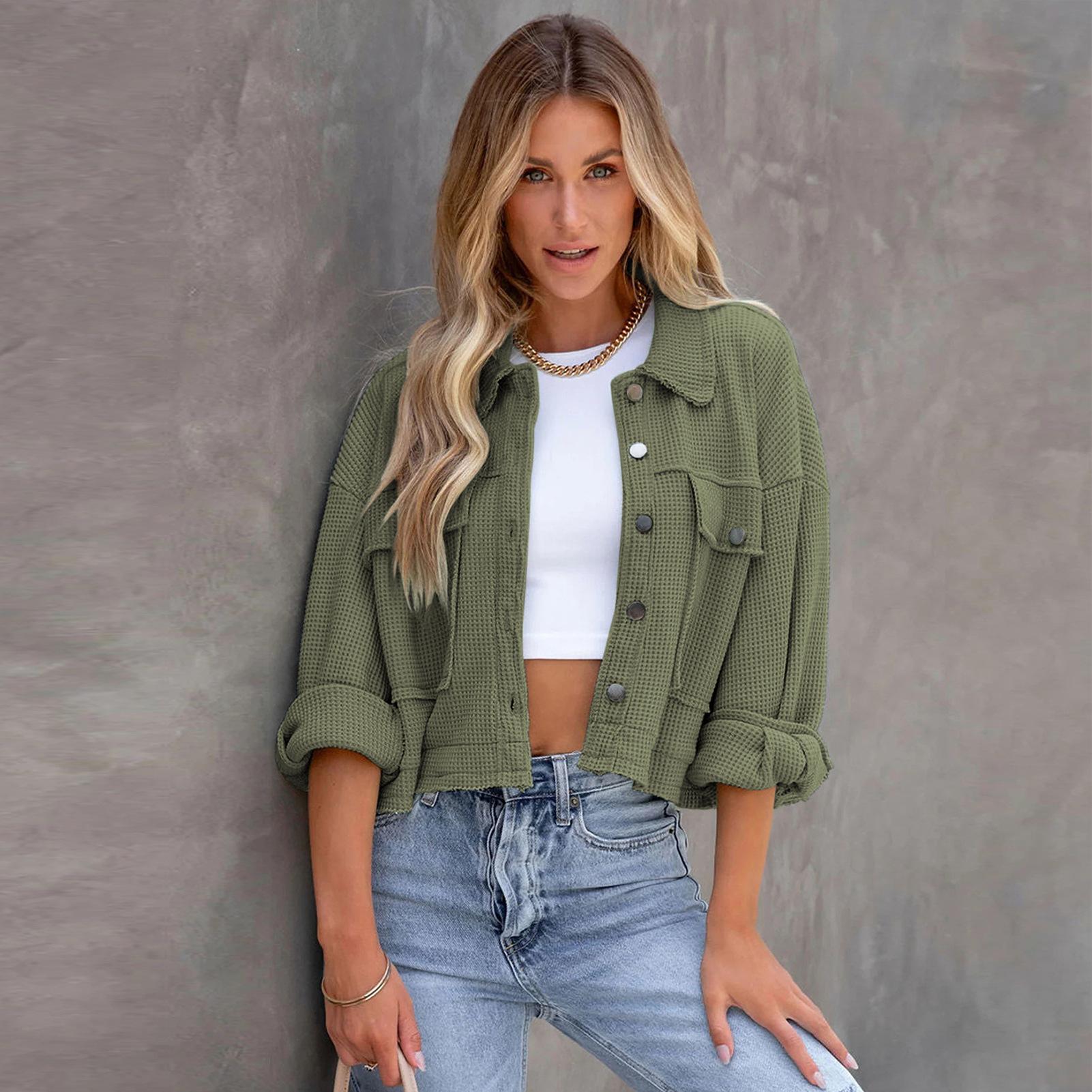 

Temperament Commuter Женский вафельный кардиган с воротником поло и коротким топом Однотонная куртка XL армия зеленый