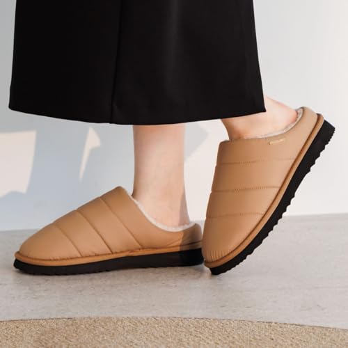 Warm Slip-on Down Sandals for Fall and Winter, HIMIKO Quilted Boa Clogs 640011, Beige, Size M