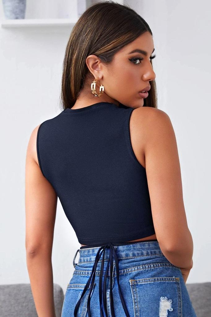 Women's Fashion New Blouse Female Black Cross Tie Crop Top Blouse