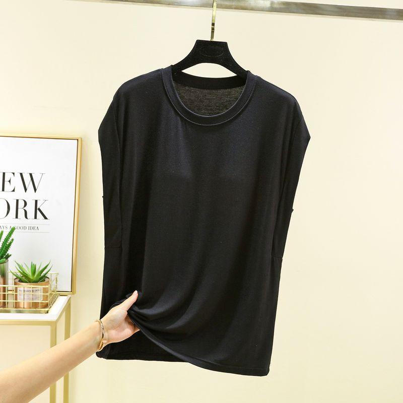 

Modal round Neck Sleeveless Chest Pad T-shirt for Women Summer Thin Casual Outer Wear Tops Pure Color Wear-Free Bra Base Black L (Recommendation 40.00 kg-60.00 kg