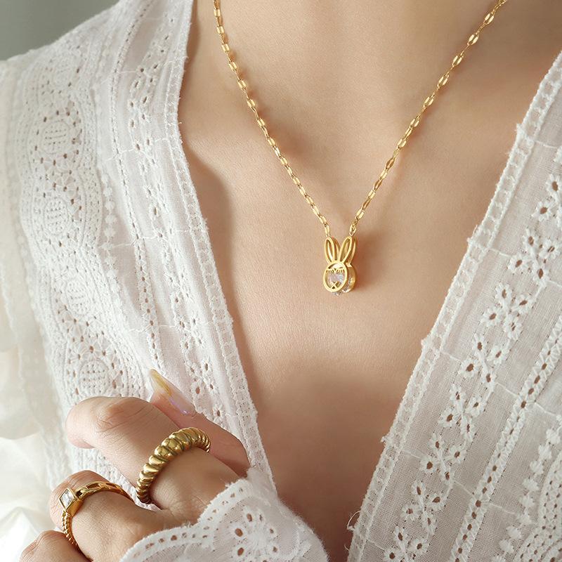 Cute Little Rabbit Inlaid Zircon Shining Pendant Necklace Titanium Steel Gold-Plated Fish Mouth Chain Original Design Zodiac Jewelry