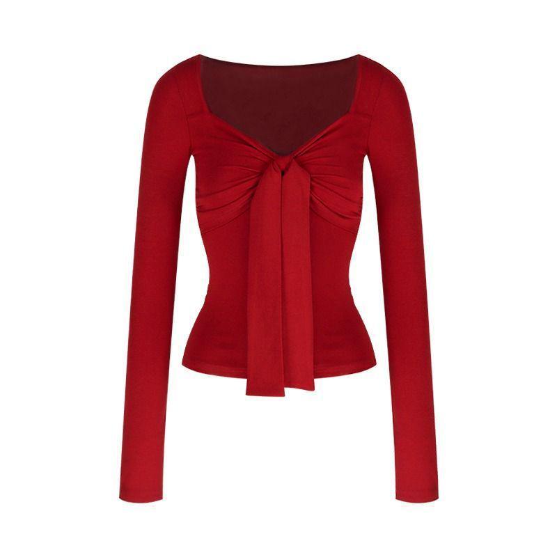 Festive Red Ribbon Bow Long Sleeve Slim-Fit Base Layer Top for Christmas & New Year Large красный