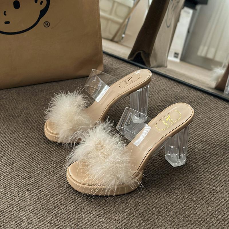 

Fairy wind fluffy slippers female summer wear 2024 new Internet celebrity thick heel one-word drag crystal high heel cool slippers 34 абрикосовый