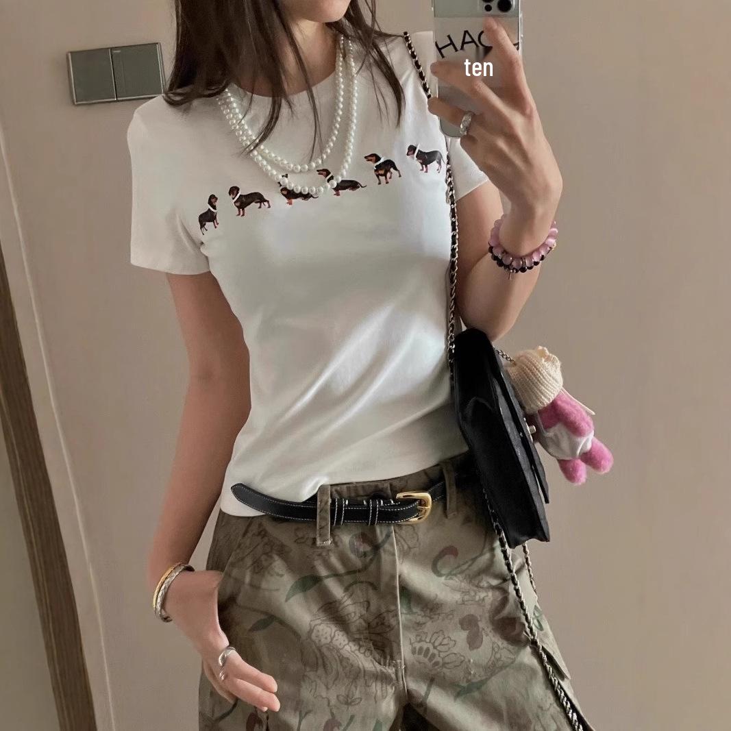

Design Sense Women s Dog Print Slimming Short-Sleeve Shoulder T-Shirt - Summer 2025 L