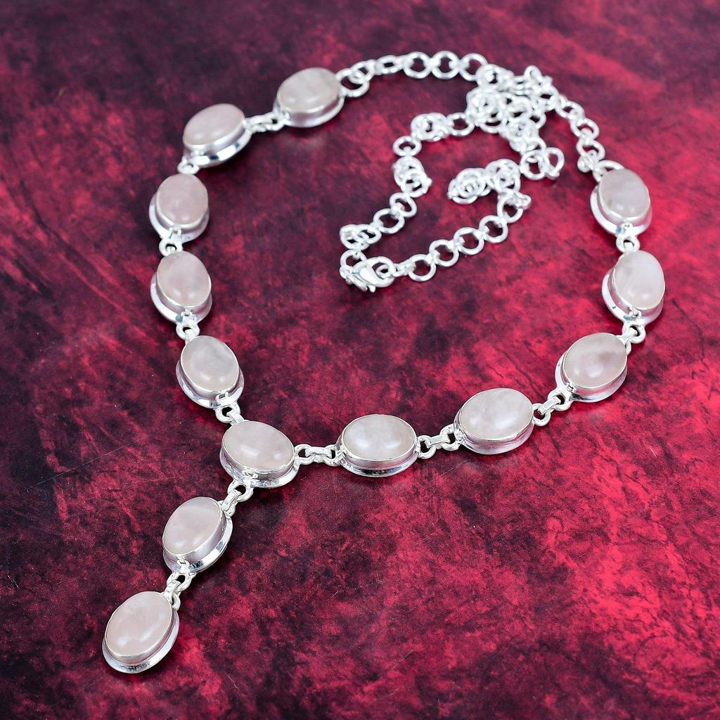 Rose Quartz Handmade Gemstone Necklace, 925 Solid Sterling Silver Necklace Antique Jewelry, For Thanksgiving