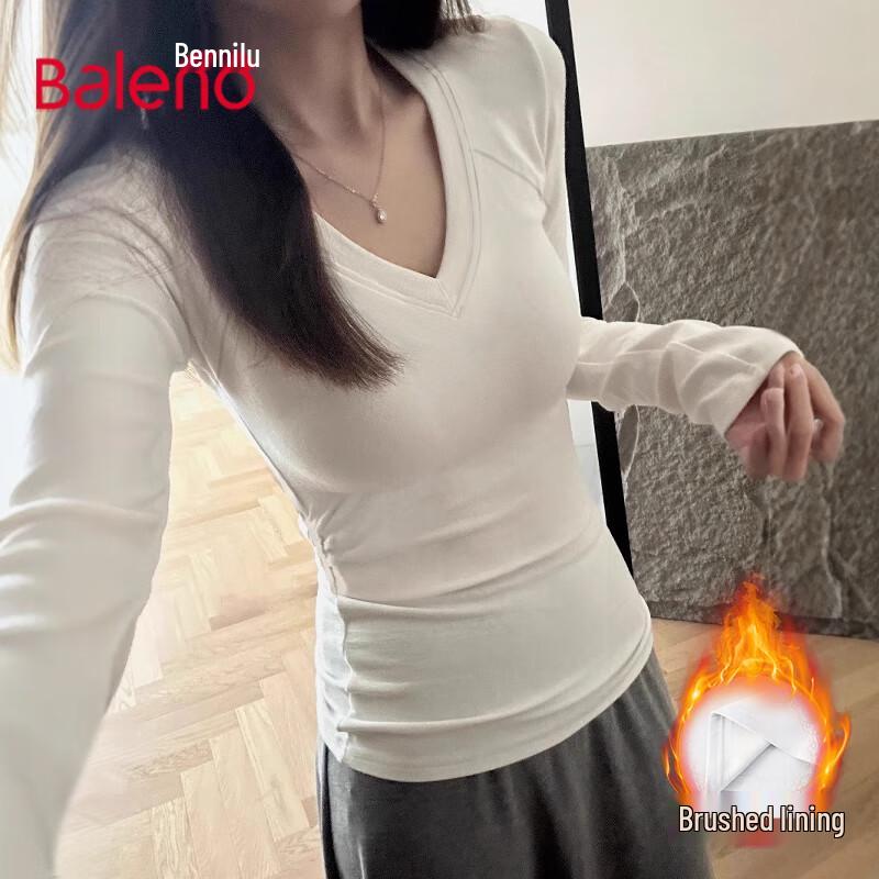 Baleno Women s V-Neck Slim Fit Pleated Long Sleeve Thermal T-Shirt L