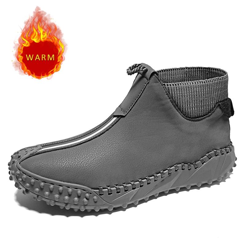 Handmade Soles High Top Shoes Hiking Shoes Warm Plush Men's Casual Shoes Wear-resistant Men's Genuine Leather Casual Shoes