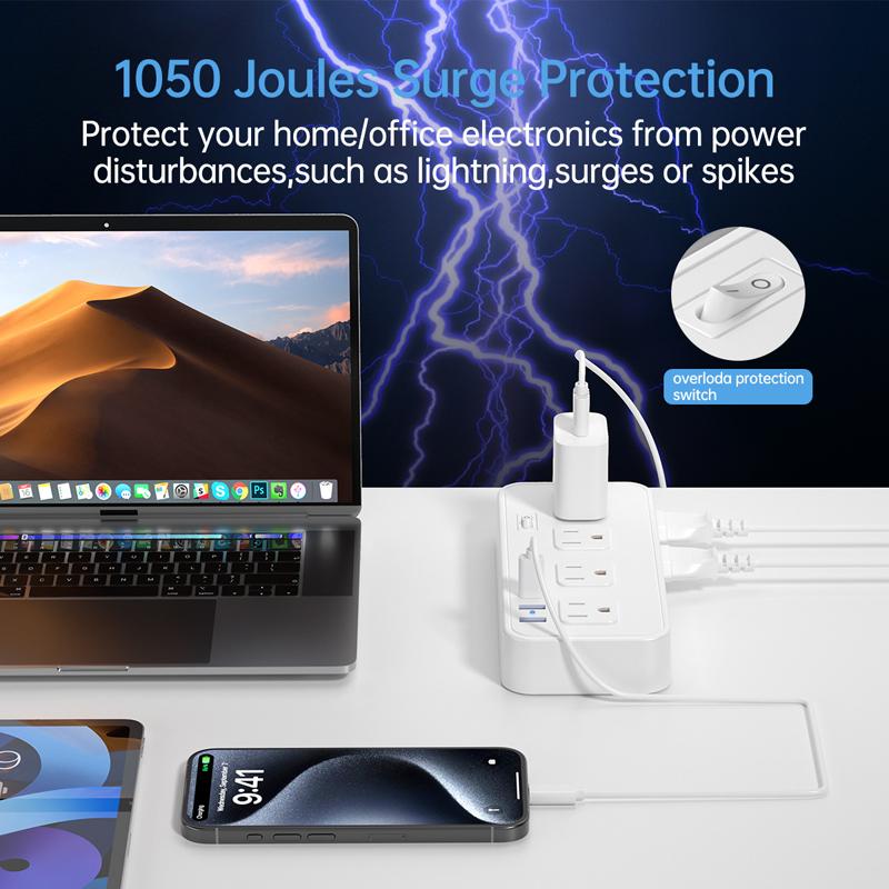 8 Holes Ac Outlet Us Plug Power Strip with 2 Usb Ports 2 Type C Fast Charge 5Ft Extra-Long Extension Cord Socket for Home Office