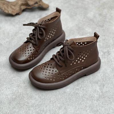 Summer Sandals Genuine Leather Retro Breathable Hollow-out Boots Round Toe Lace-up Handmade Women Shoes