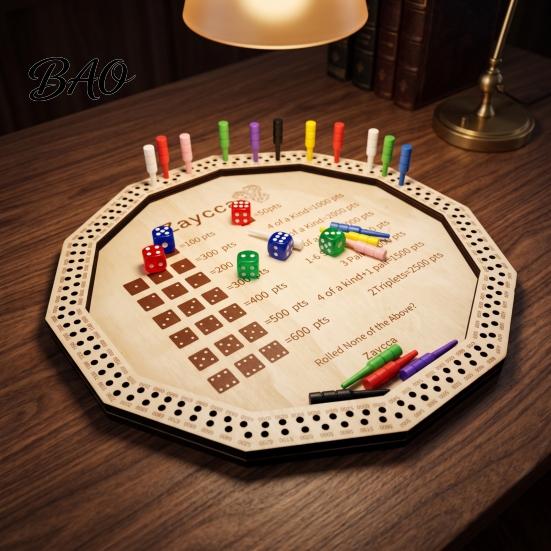 Dice Board Game Wooden Farkle Tray, with 6 Dice, 8 Colorful Pegs, Multi-player Interactive Tray Game, Classic Tabletop for Travel Family Night