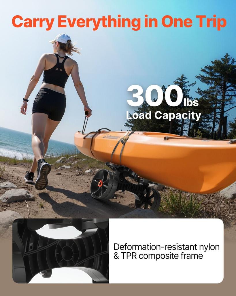 Kayak Cart, 136.1 Kg Load Capacity, Foldable Kayak Trolley with 25.4 Cm Solid Rubber Tires & 1 Ratchet Strap, Paddle Board Trolley for Carrying