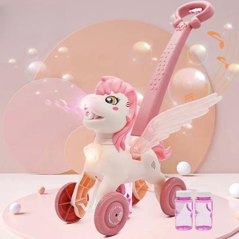 Pony Bubble Machine for Kids Automatic Bubble Lawn Mower with Light & Music Bubble Cart Outdoor Push Toys for Birthday Gift