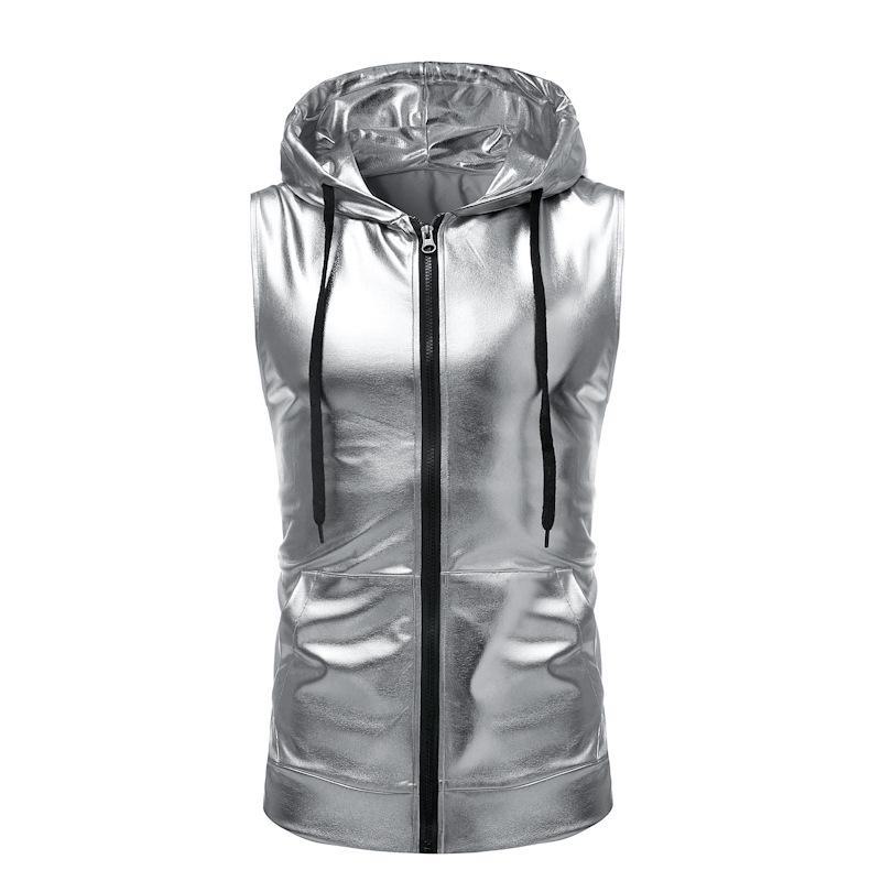 

Мужской модный жилет яркого цвета с капюшоном на молнии и шнурком (Стиль ZT-B02) XL серебряный