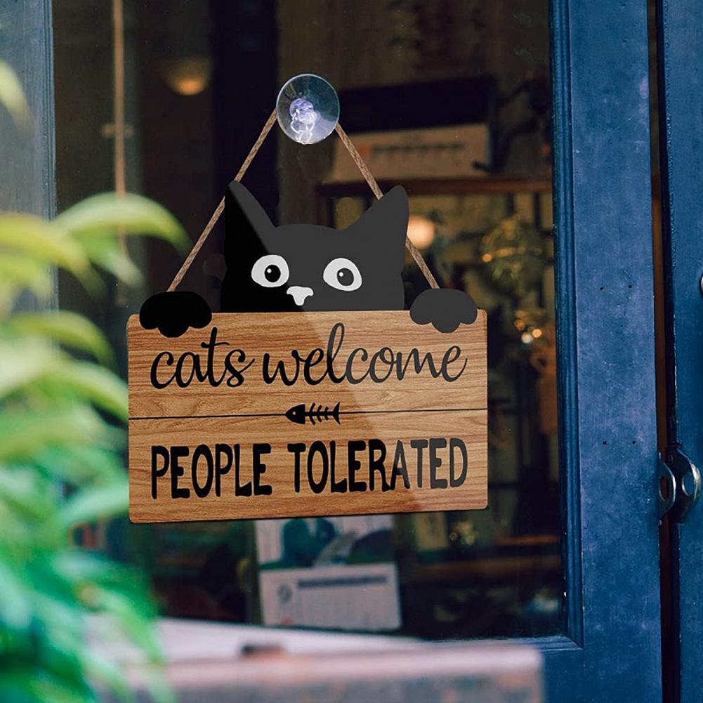 22*20cm Welcome Sign Boxwood Cat People Tolerated Sign Front Door Wall Hanging Wooden Plaque Hanger Black Kitten Garden Decor