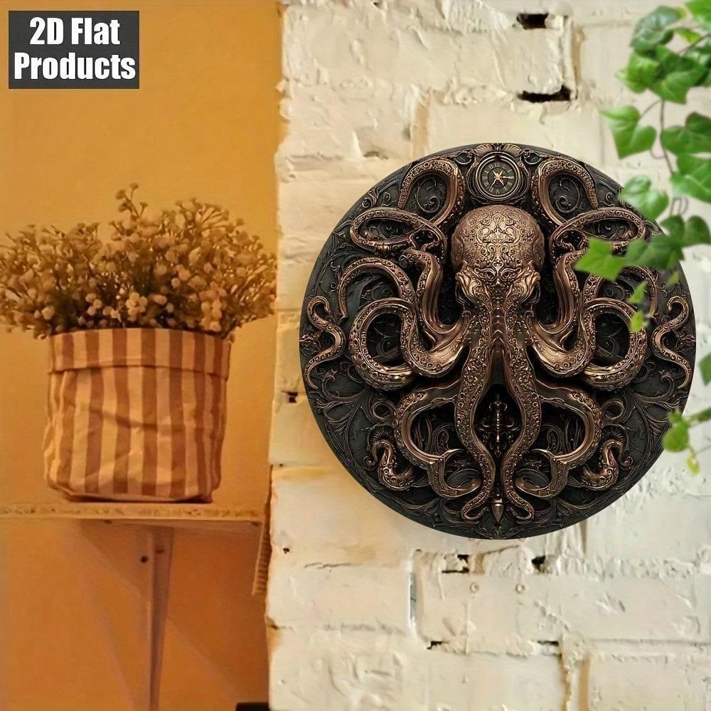 Retro Metal Octopus Wall Art 8 Inch Round Plaque Marine Sea Creature Decor Home Coastal Beach Sign