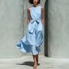 Women Sleeveless Round Neck Solid Color Midi Dress Casual Wrap Front Tie Waist Flounce Hem Vacation Dress