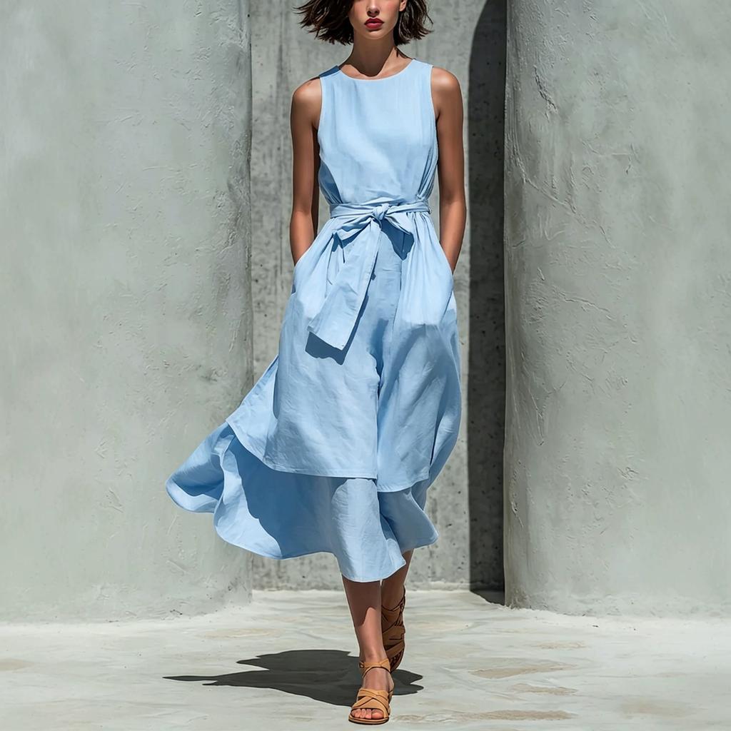 Women Sleeveless Round Neck Solid Color Midi Dress Casual Wrap Front Tie Waist Flounce Hem Vacation Dress