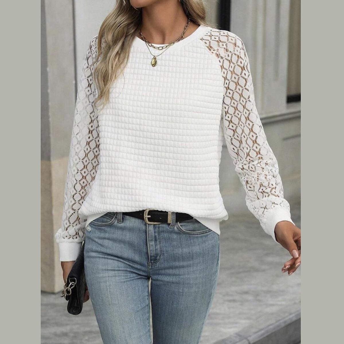 

Женская толстовка, однотонный свободный ромбический топ с кружевными рукавами, повседневный пуловер XL белый