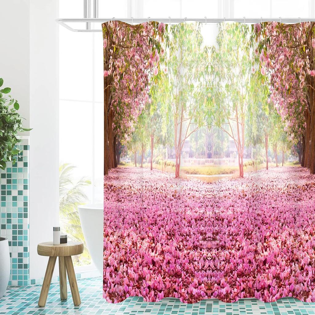 Cherry Blossom Grove Pattern Bathing Curtain Bathroom Shower Curtain Waterproof With 12 Hooks Home Deco