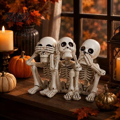 Nu Vede Rău Nu Aude Nu Vorbește Halloween Trei Cranii Înțelepte Ornamente, Statuetă Schelet Vintage Conjoined, Rășină Gotica pentru Masă de Casă Bar