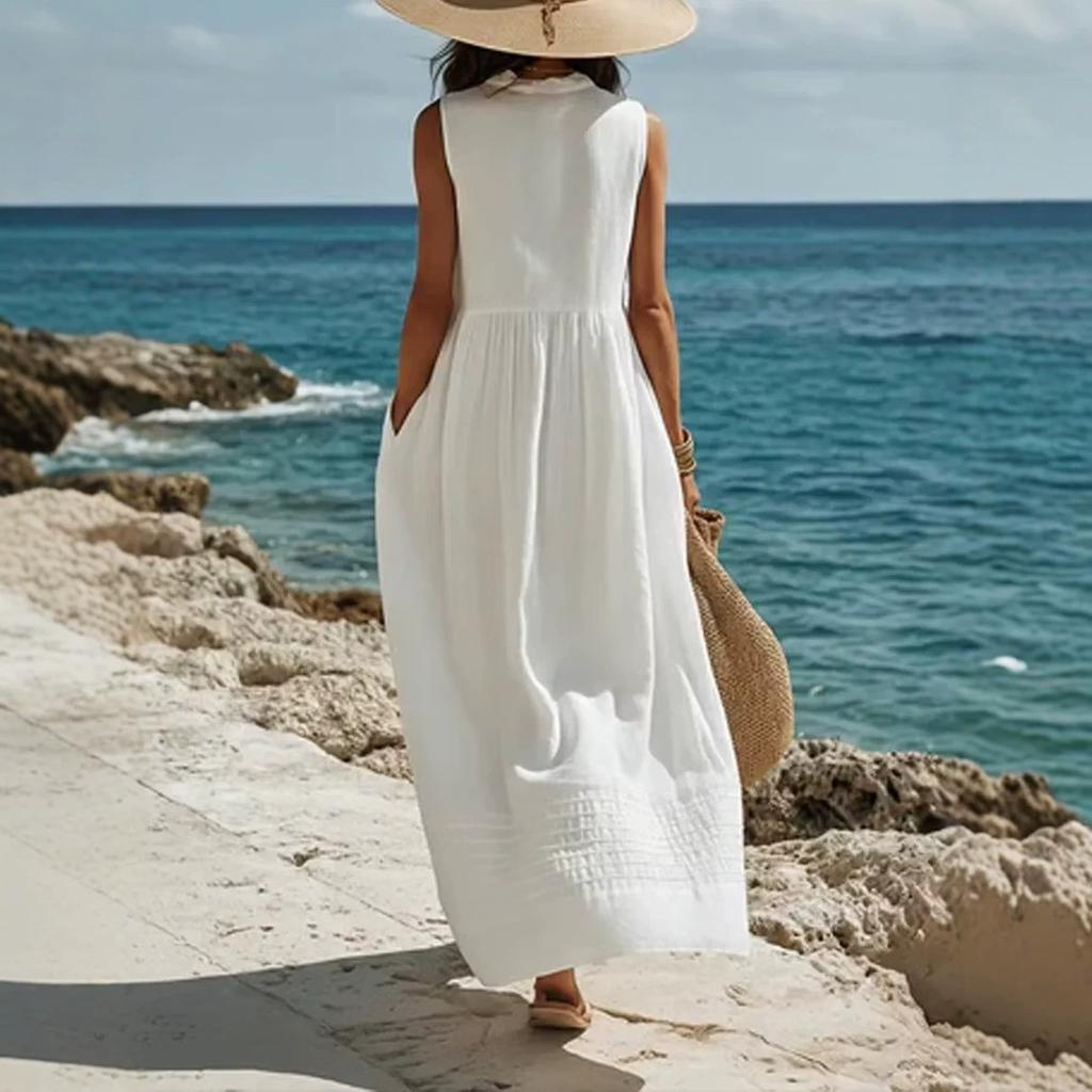 New European and American holiday style fashion casual big v-neck sleeveless big swing dress