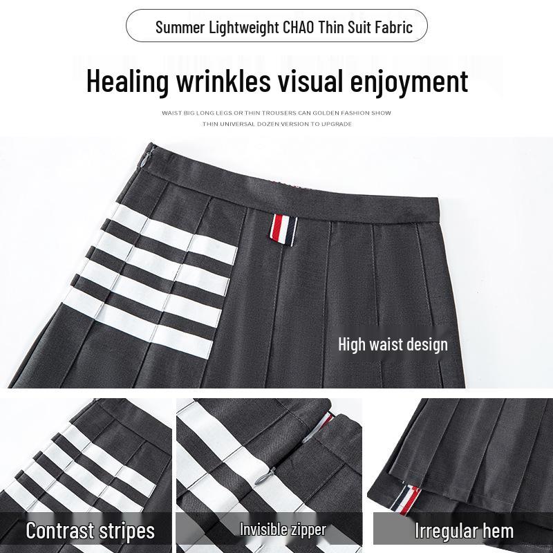 Wang Xinling High-Waisted Pleated Skirt: Short Front, Long Back, 4-Stripes, Slimming A-Line Mini Skirt.