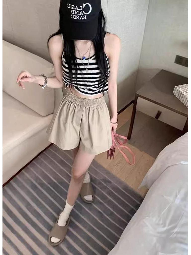 Women's Summer Washed Cotton Wide-Leg High Waist Shorts, Korean Style, Slimming, Solid Color, Versatile, Casual.