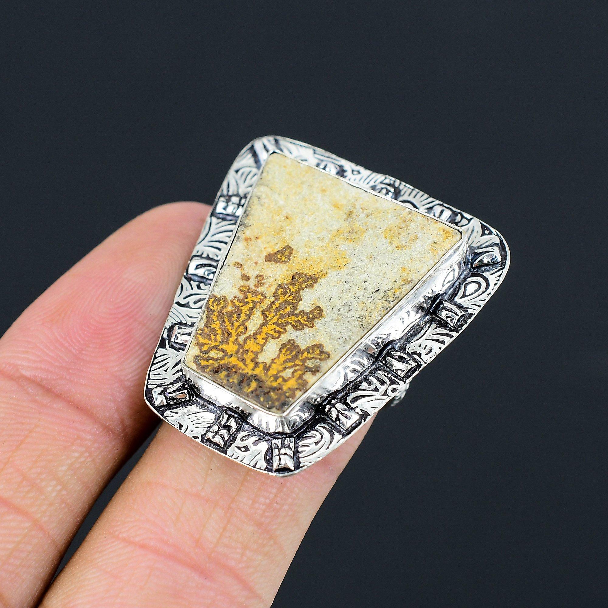 

925 Sterling Silver Psilomelane Dendrite Stone Sister Solitaire Ring Size 7.5 7.5