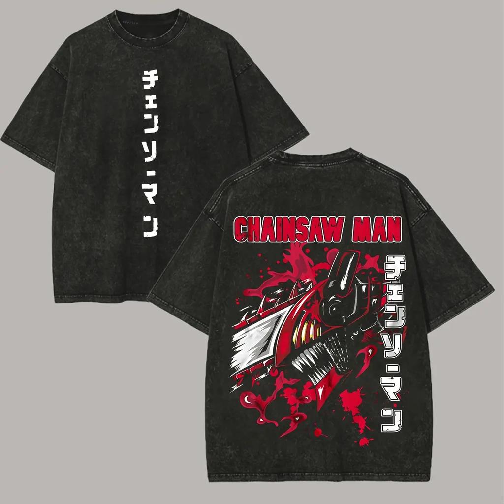 Chainsaw Man Denji Anime T-shirt Vintage Washed Oversized T Shirt Men Women Clothing Summer Casual Short Sleeve Cotton Tee Tops