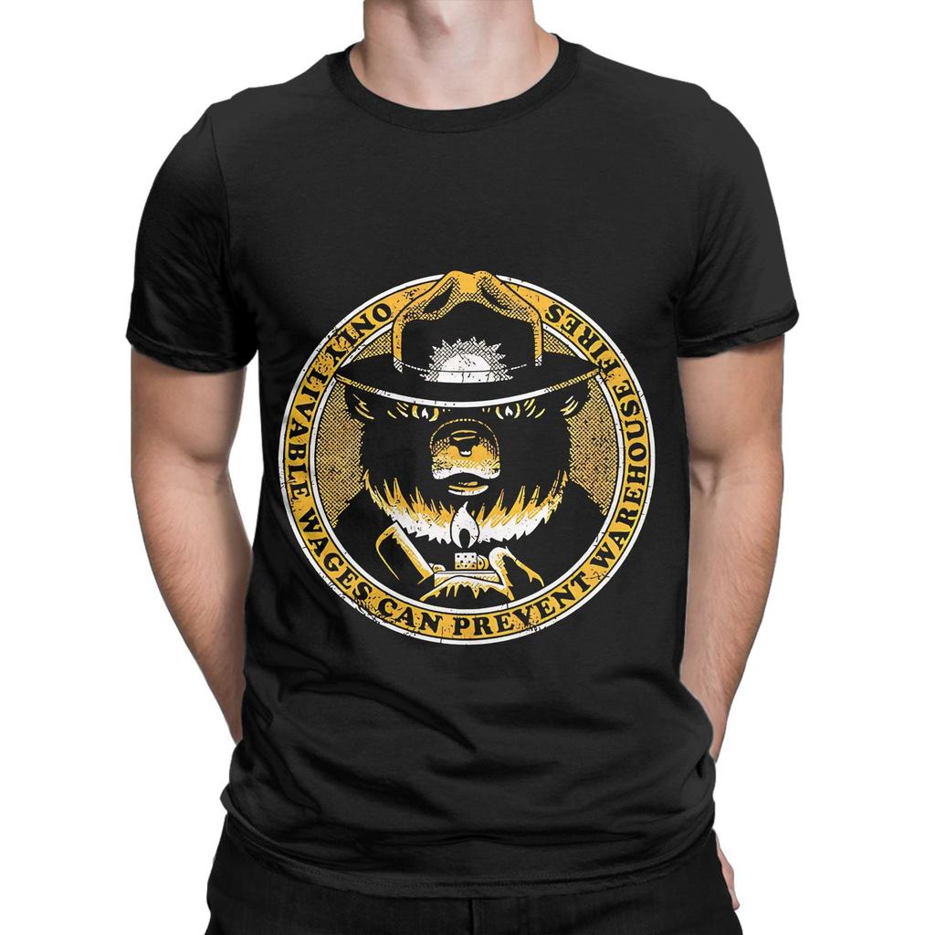 livable wages can prevent warehouse fires Smokey bBear Funny 100% Cotton T-Shirt Smokey bBear T