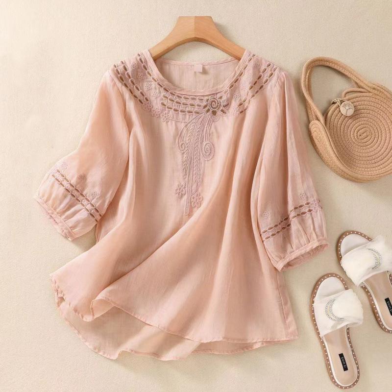 Elegant Women Square Neck Half Sleeve Work Blouses Summer Embroidery Shirt Fashion Holiday Tunic Loose Blusas Mujer